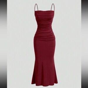 Floor length, red evening gown